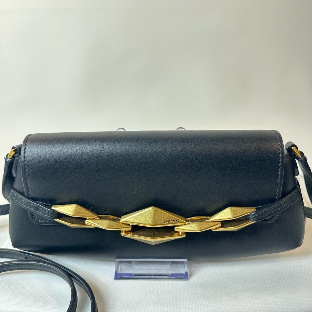 NEW JIMMY CHOO EAST WEST LEATHER SHOULDER BAG BLACK GOLD - Picture 3 of 16